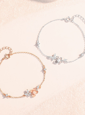 原创桃花蝴蝶手链925纯银韩版森系花朵珍珠手环ins小众甜美手饰品