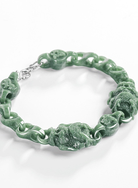 天然A货翡翠豆绿霸气双龙环环相扣手链冰种玉石手串男女款手饰