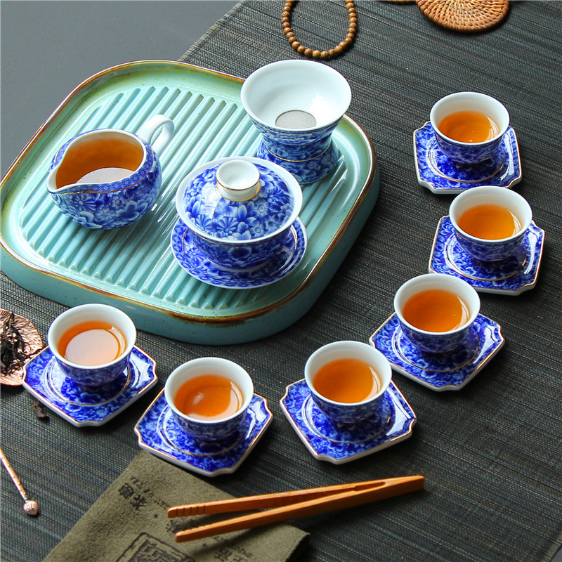 国粹青花瓷功夫茶具套装无缝釉下满花盖碗泡茶壶喝茶杯垫高档整套图片