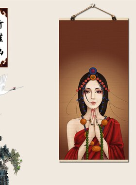 古代美女画仕女图人物中式竹帘片卷轴挂画客厅餐厅玄关装饰墙壁画