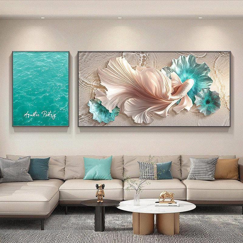 浮雕锦鲤客厅装饰画黑白灰立体砂岩二联挂画高级感沙发背景墙壁画