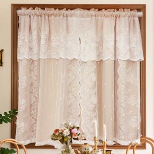 法式浪漫遮光窗帘蕾丝双层布纱一体免打孔带大帘头卧室飘窗小窗户