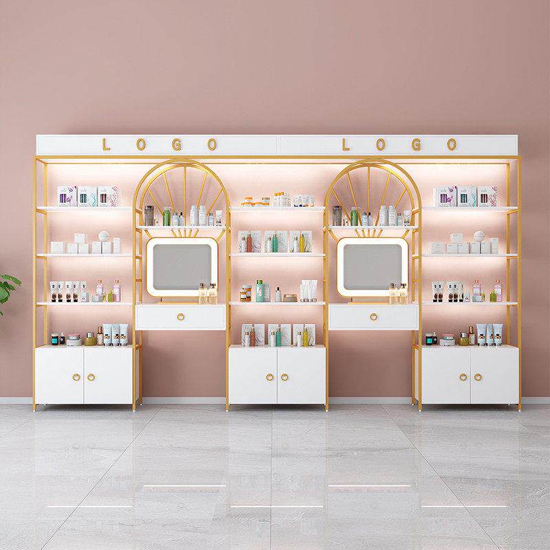 美容院化妆品护肤品美甲彩妆展示柜产品展示架展示柜货架带灯带镜
