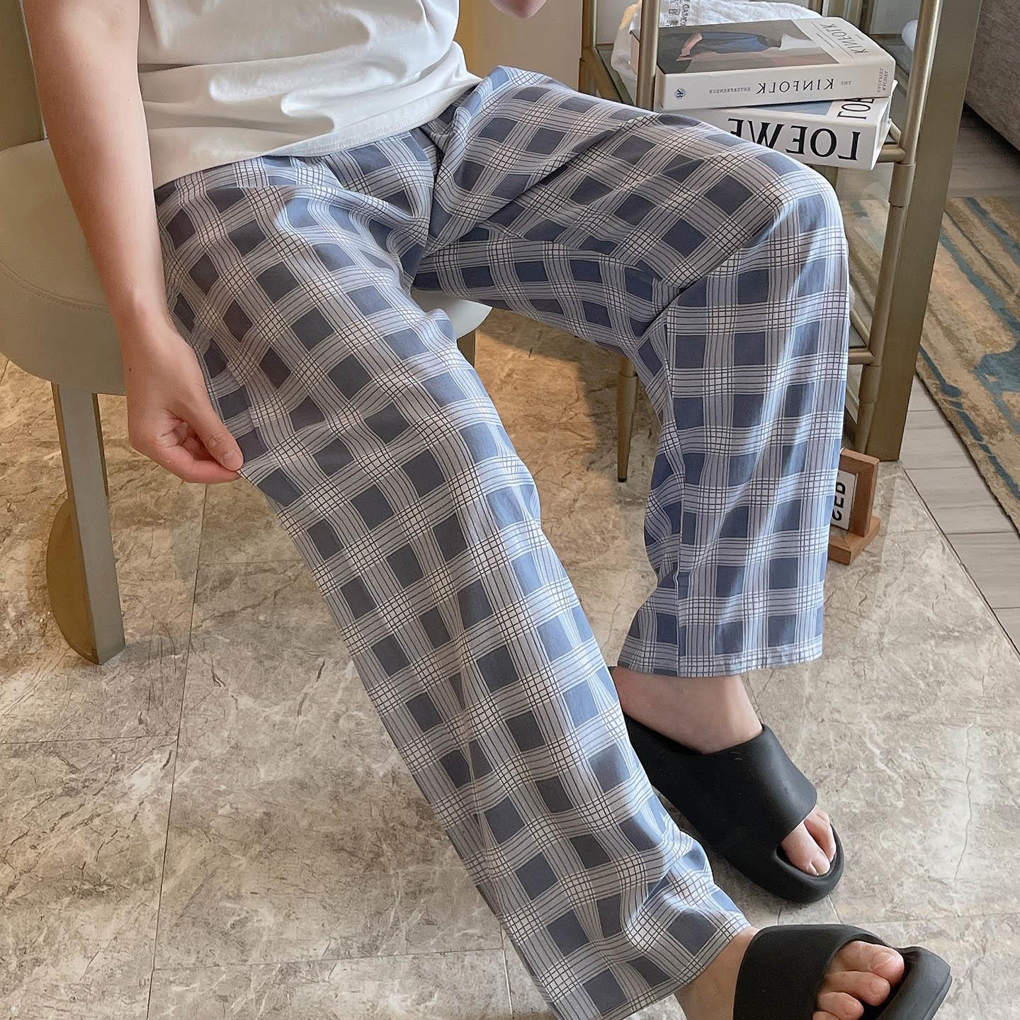 男士经典格子睡裤春夏季宽松外穿长裤棉绸休闲 长版空调裤家居裤