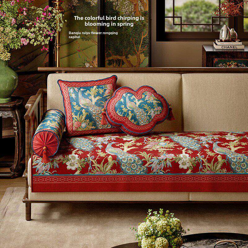 中国新年红色连体沙发垫短毛绒四季通用中国风防滑垫金桂满堂