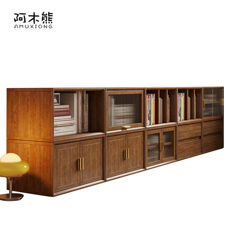 北欧实木组合柜功能自由矮柜白蜡木黑胡桃木色书柜客厅模块电视柜