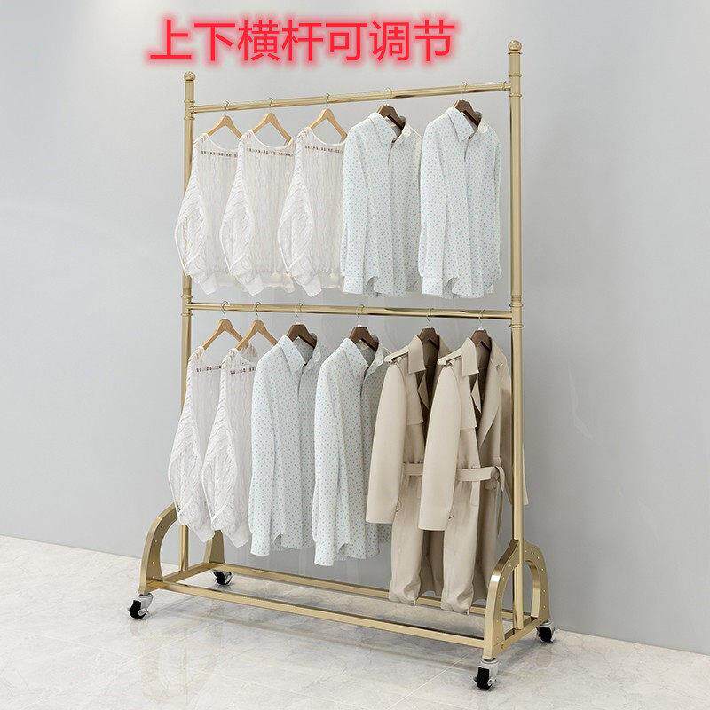 金色双层服装展示架落地女装婚纱挂衣架时尚挂衣杆中岛移动带轮子