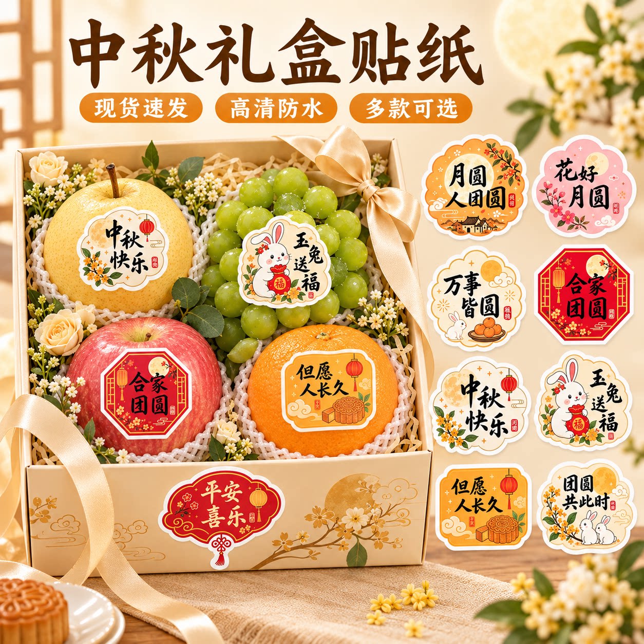 中秋贴纸水果月饼礼盒包装伴手礼装饰节日祝福礼精美卡通贴画标签