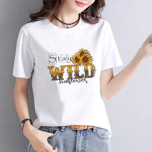 个性通勤网红休闲女ins夏季印花花朵薄款打底衫韩版短袖圆领T恤