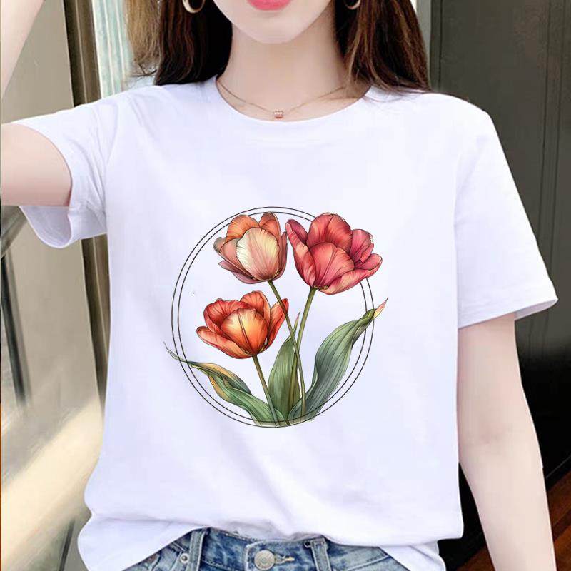 通勤韩版洋气短袖上衣爆款网红夏季印花女ins水彩花朵潮圆领T恤