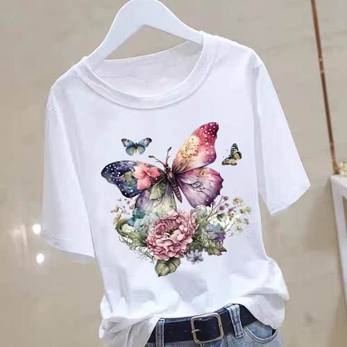 韩版上衣蝴蝶花卉打底衫网红爆款女通勤ins夏季印花短袖圆领T恤
