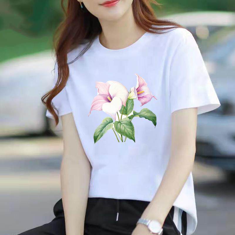 流行网红时尚印花休闲上衣运动花朵爆款女通勤ins夏季短袖圆领T恤