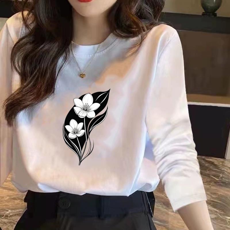 通勤洋气休闲ins甜美花朵春秋冬季可爱印花女圆领气质时尚长袖T恤