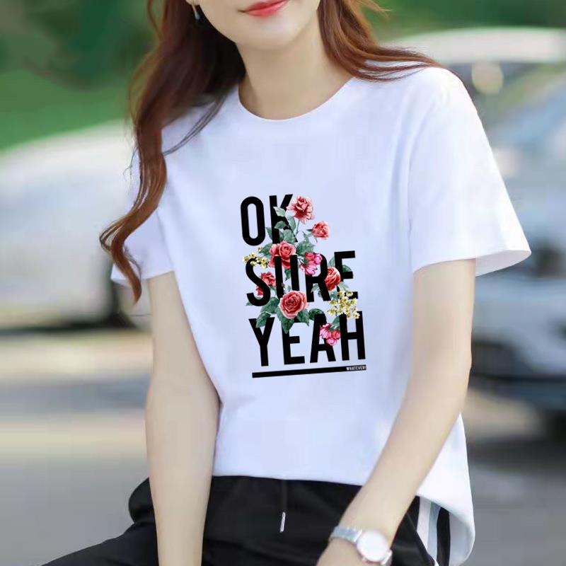 个性通勤网红休闲女ins夏季印花打底衫花朵字母韩版短袖圆领T恤