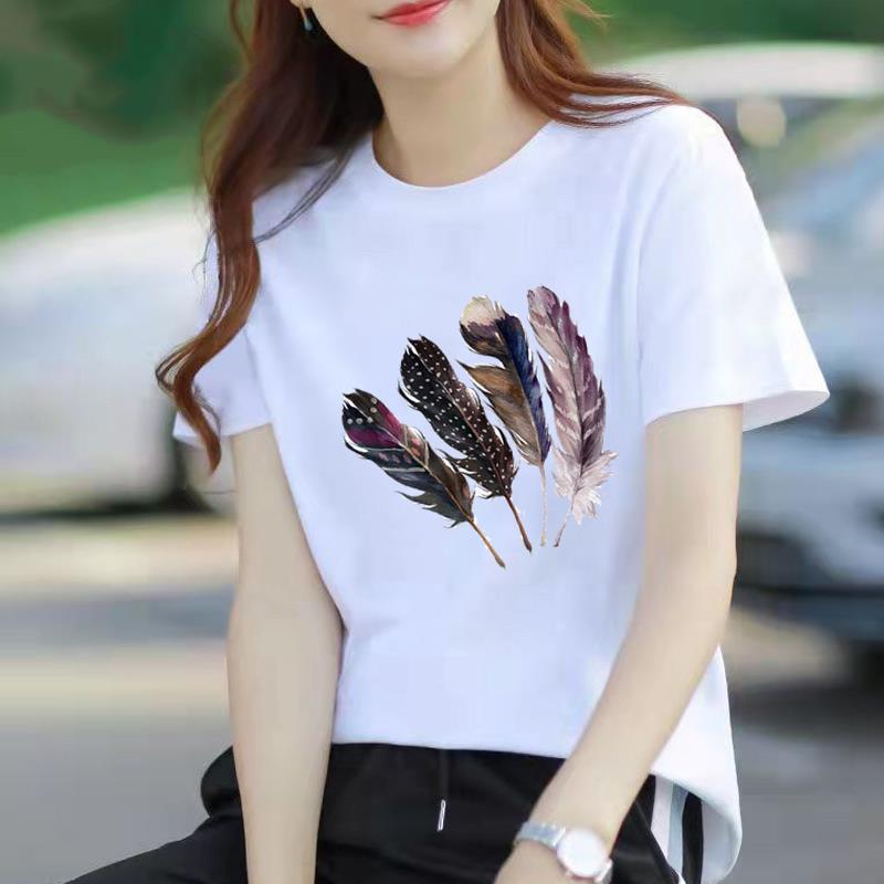 羽毛气质印花打底衫流行时尚网红爆款女通勤显瘦ins短袖圆领T恤