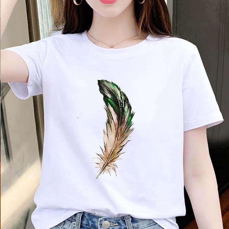 休闲爆款女通勤网红ins夏季印花打底衫羽毛气质韩版短袖圆领T恤