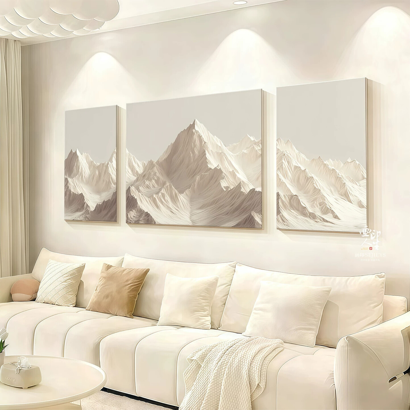 奶油风雪山风景装饰画客厅沙发背景墙挂画现代简约无框三联画