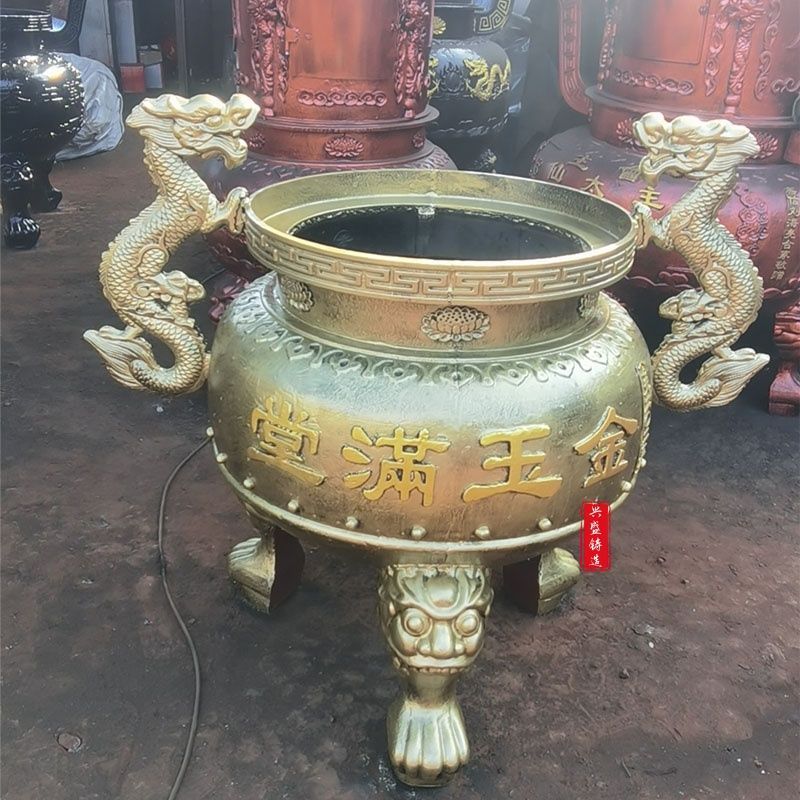 寺庙香炉铸铁圆形平口双龙祠堂专用香炉生铁户外烧香炉鼎家用上香