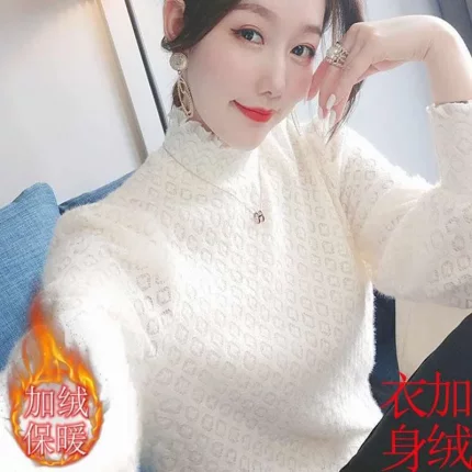 2024春秋新品套头镂空立领蕾丝磨毛加绒打底衫长袖女内搭修身爆款