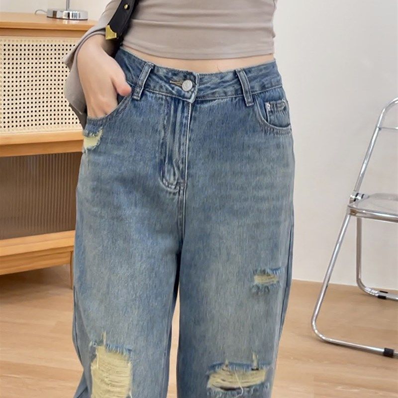 夏季薄款破洞哈伦牛仔裤女大码胖妹妹MM宽松显瘦梨型身材老爹裤子