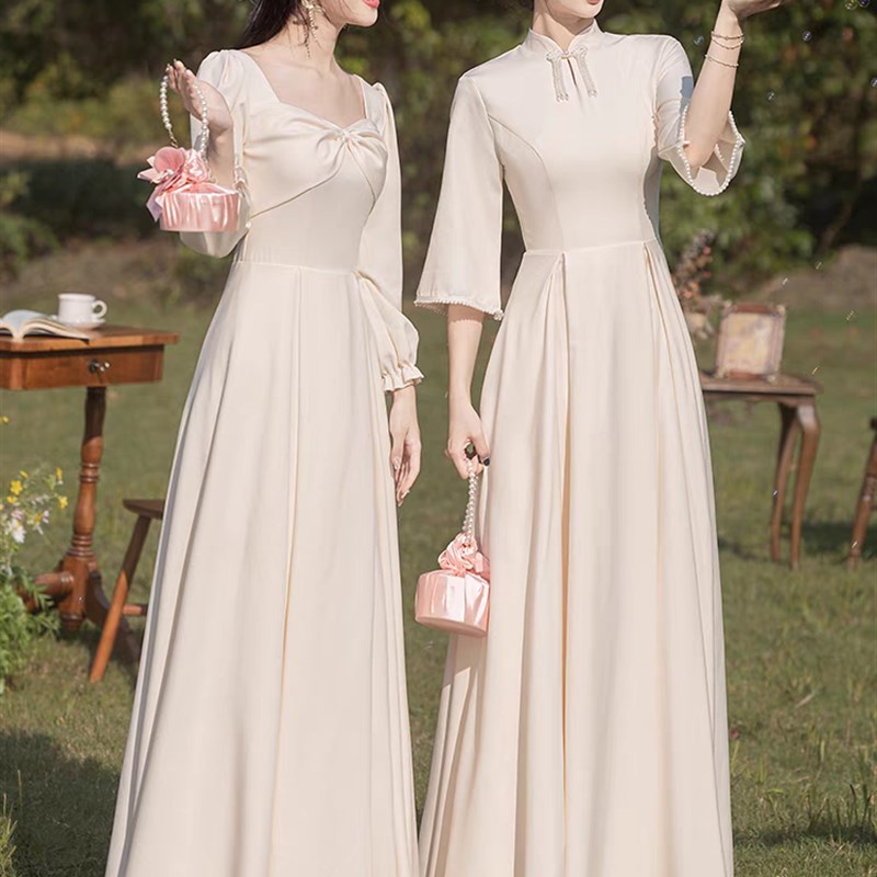 伴娘服2025长袖新款香槟色姐妹团礼服裙女中式日常可穿小个子春季