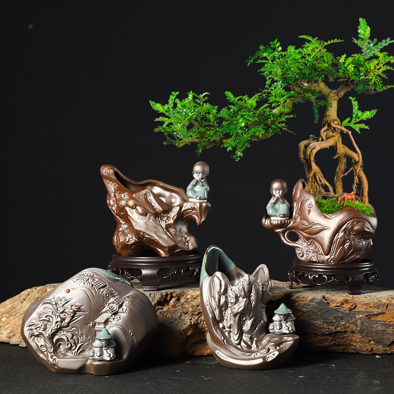 陶瓷浮雕花盆紫砂胎哥窑开片艺术盆古典禅意花器桌面飘枝盆景盆器