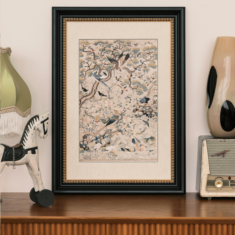 画玩美法式复古客厅装饰画玄关中古风壁画新中式花鸟刺绣餐厅挂画图片