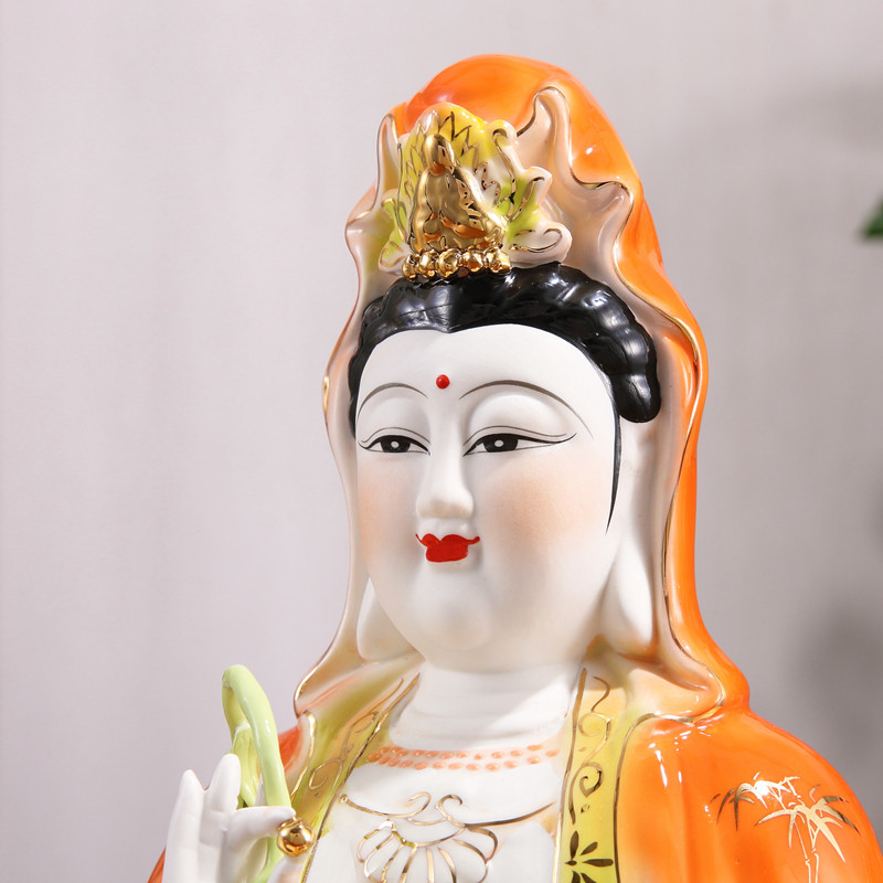 纯手工中式陶瓷坐莲叶观音佛像 潮州工艺家用供奉摆件