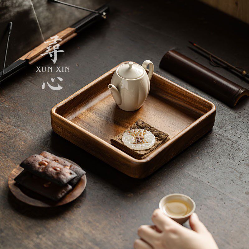 寻心胡桃木家用简约四方茶点盘中式复古实木茶托盘茶具收纳干泡盘