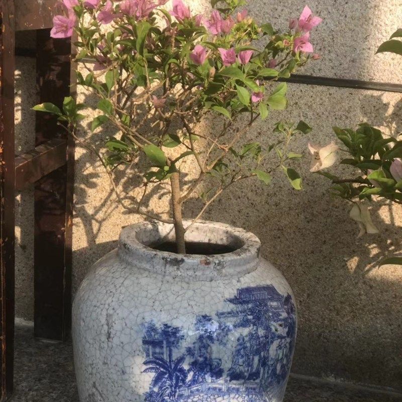 爱上花园乡村风格红陶花盆户外冰裂纹剥落色古风做旧青花罐