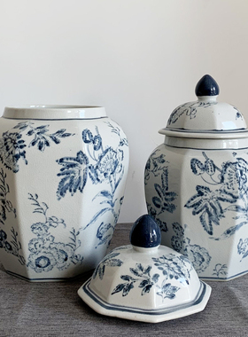 青花瓷手绘缠枝花纹八角将军罐景德镇陶瓷摆件仿古官窑装饰储物罐