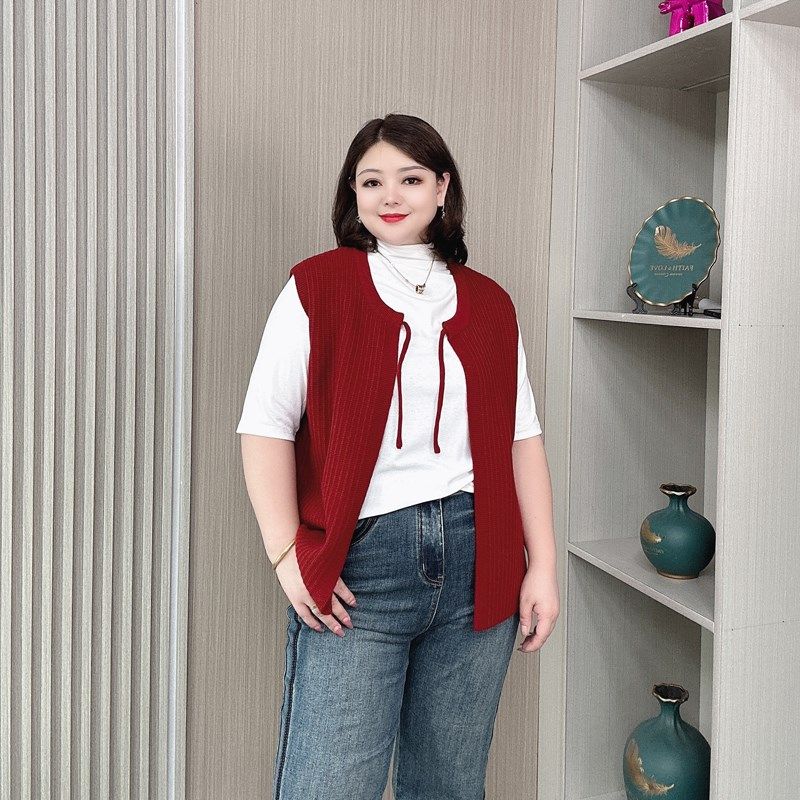 秋季新款包芯纱针织马甲背心女大码胖mm宽松显瘦无袖开衫叠穿上衣