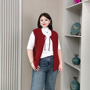 秋季新款包芯纱针织马甲背心女大码胖mm宽松显瘦无袖开衫叠穿上衣