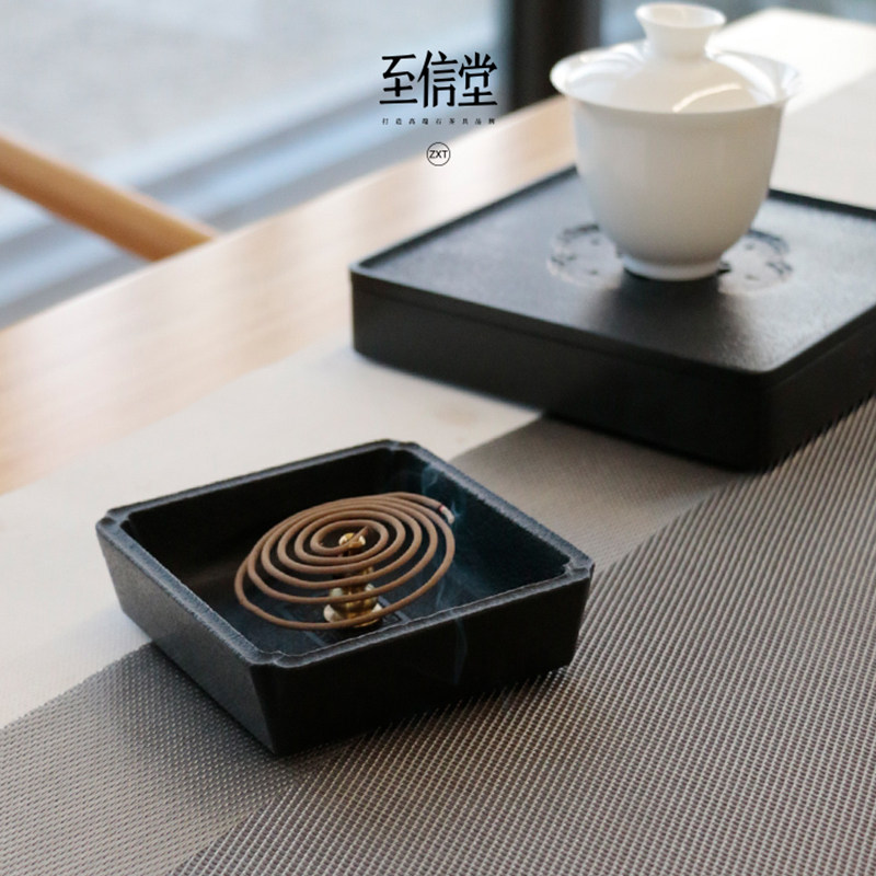 至信堂整块天然乌金石手工海棠角茶杯架茶杯托小茶盘茶道茶具配件