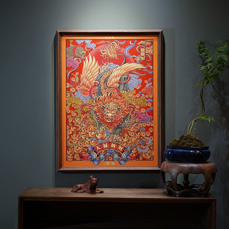 新中式黄铜玄关挂画招财貔貅客厅高级装饰画转运西墙聚财铜画沙发