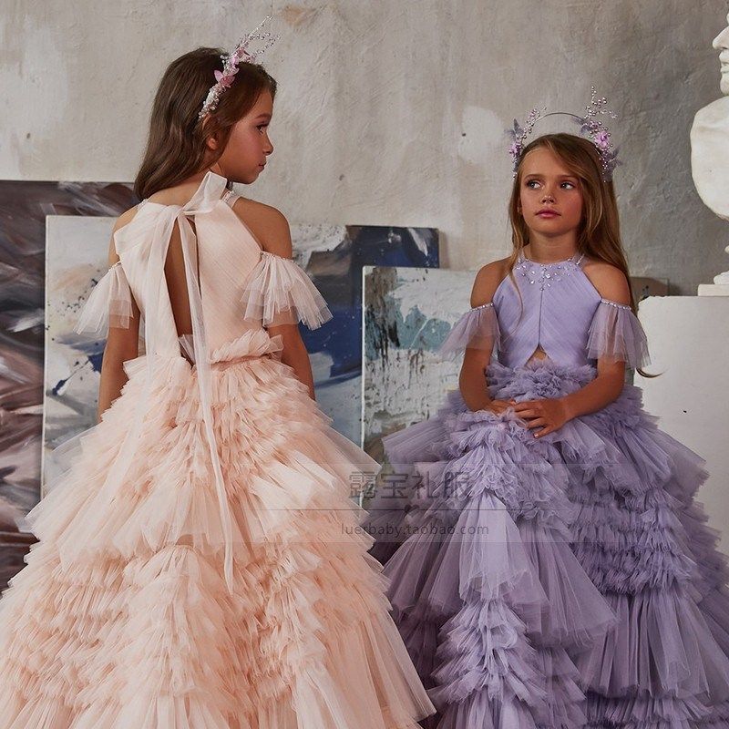 洋气女童高端礼服欧美儿童钢琴紫色演出服女孩主持花童公主裙生日