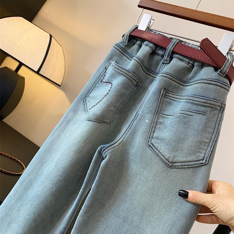 女童一体绒直筒牛仔裤秋冬中大童装加绒加厚宽松阔腿裤休闲长裤子