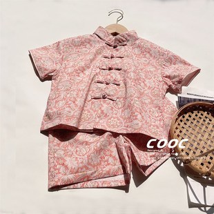 夏季男童唐装宝宝薄款粉色图腾改良汉服中国风小男孩短袖短裤套装