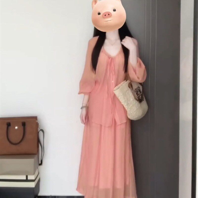 微胖mm法式海边度假风防晒套装女春夏雪纺粉色系带衬衫上衣半身裙