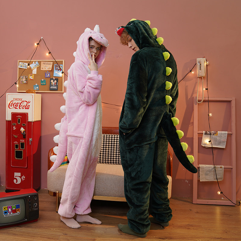 加厚珊瑚绒可爱卡通动物小恐龙连体睡衣大码成年冬情侣男女家居服