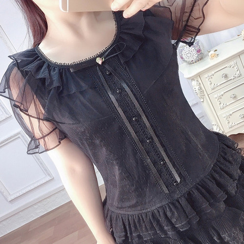 Annabess2021夏季新款蝴蝶结优雅上衣女圆领荷叶边公主短袖蕾丝衫