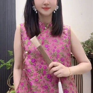 新中式碎花时尚套装女夏季复古立领无袖中长款旗袍上衣短裤两件套