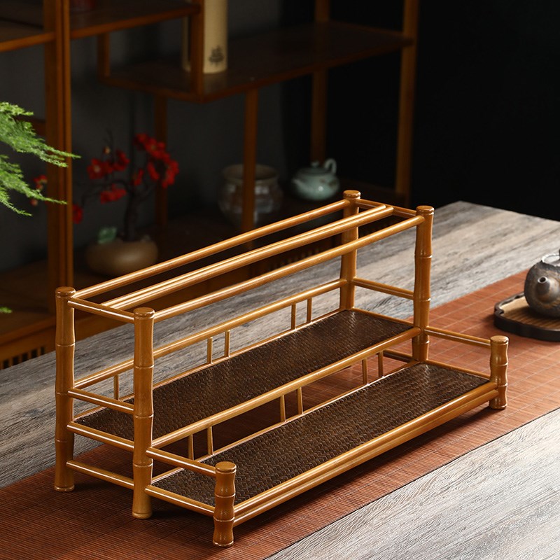 竹制品楠竹双层茶杯架手工中式茶棚三层沥水晾杯收纳茶具展示架
