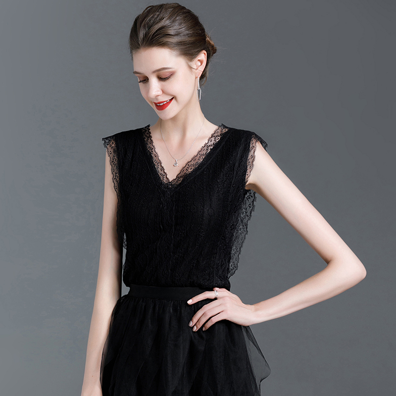 黑色蕾丝上衣女2021年新款背心女夏外穿打底无袖修身v领洋气小衫