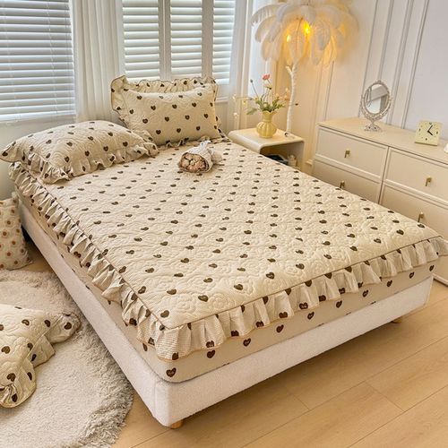 全棉夹棉床笠罩带花边三件套加棉床单加厚床垫保护套防滑四季通用