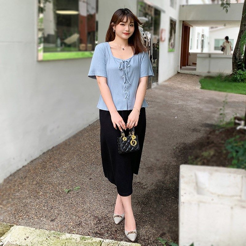 微胖女夏装大码显瘦上衣短袖甜辣t恤胖mm女装夏季遮肚绑带针织衫