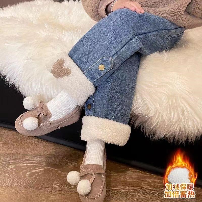 女童棉裤加绒加厚牛仔裤2024新款秋冬款一体绒儿童装宝宝冬装裤子