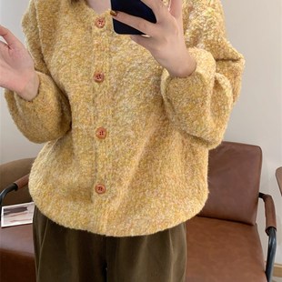 此外 大板气质减龄毛衣外套单排扣 秋冬毛绒慵懒风针织开衫 女新款