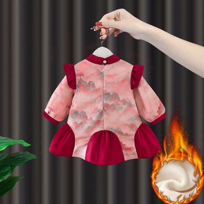 女童连衣裙秋冬款加绒婴儿童旗袍一周岁礼服女宝宝汉服生日公主裙