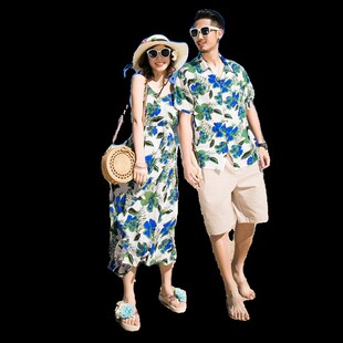 三亚旅行情侣装夏装男夏威夷花衬衫海边度假女沙滩连衣裙一衣一裙